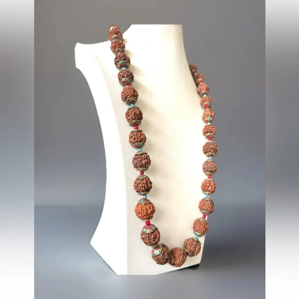 Vintage Rudraksha Yoga Necklace Capped With Bronze Inlay Turquoise & Coral 35”in - Picture 8 of 10